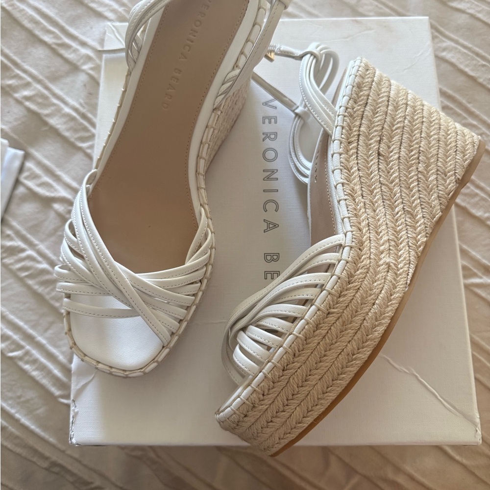 Veronica Beard White Leather Espadrille Wedge Sandals